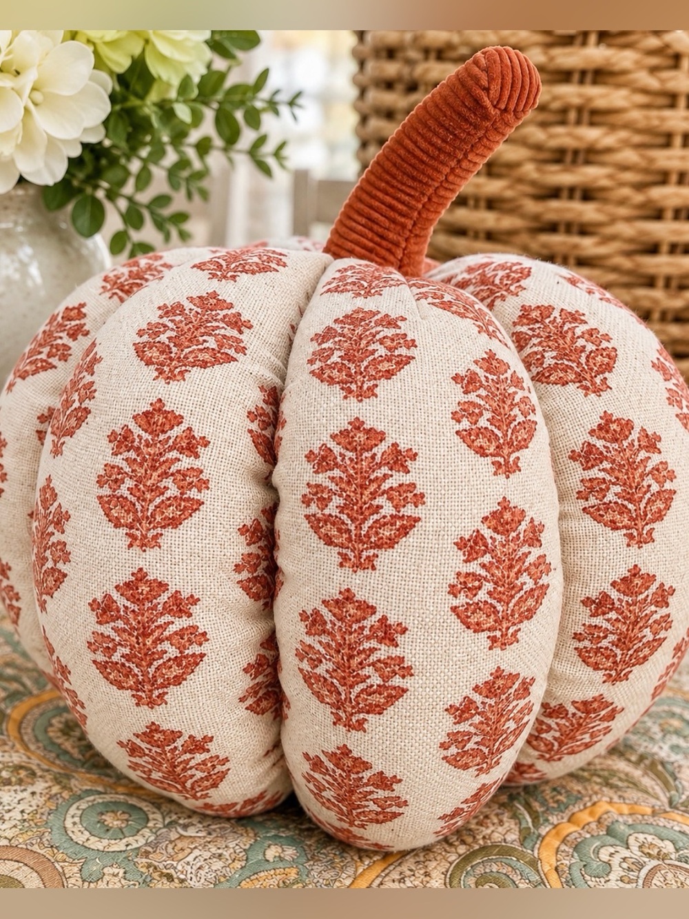 New Threshold Block Print Shaped Pumpkin Throw Pillow Fall Pillow in Neutral/Ora
